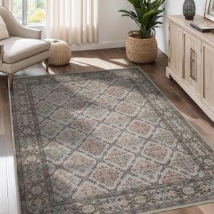 Vintage Washable Area Rug for Living Room,Low Pile 5x7 Non Slip Carpet Non-Shedding Area Rug Soft Indoor Stain Resistant Rug Floral Print Mat for Bedroom Dining Room 088-Almond