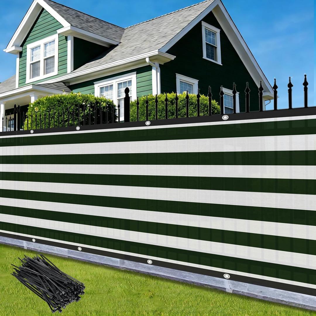 650FT Fence Privacy Screen, Outdoor Shade Cover Privacy Panels, Windproof Fence Covering Privacy for Porch, Backyard, Deck, Patio - Green and White Stripes