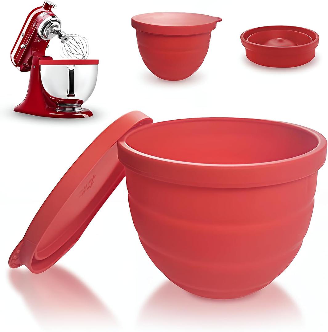 Collapsible Silicone Bowl Liner for KitchenAid 5 Qt Tilt-Head Mixer, Bread Proofing Insert with Lid, Multipurpose Kitchen Aid Attachment for Baking, Microwave & Dishwasher Safe - Red (1PC)