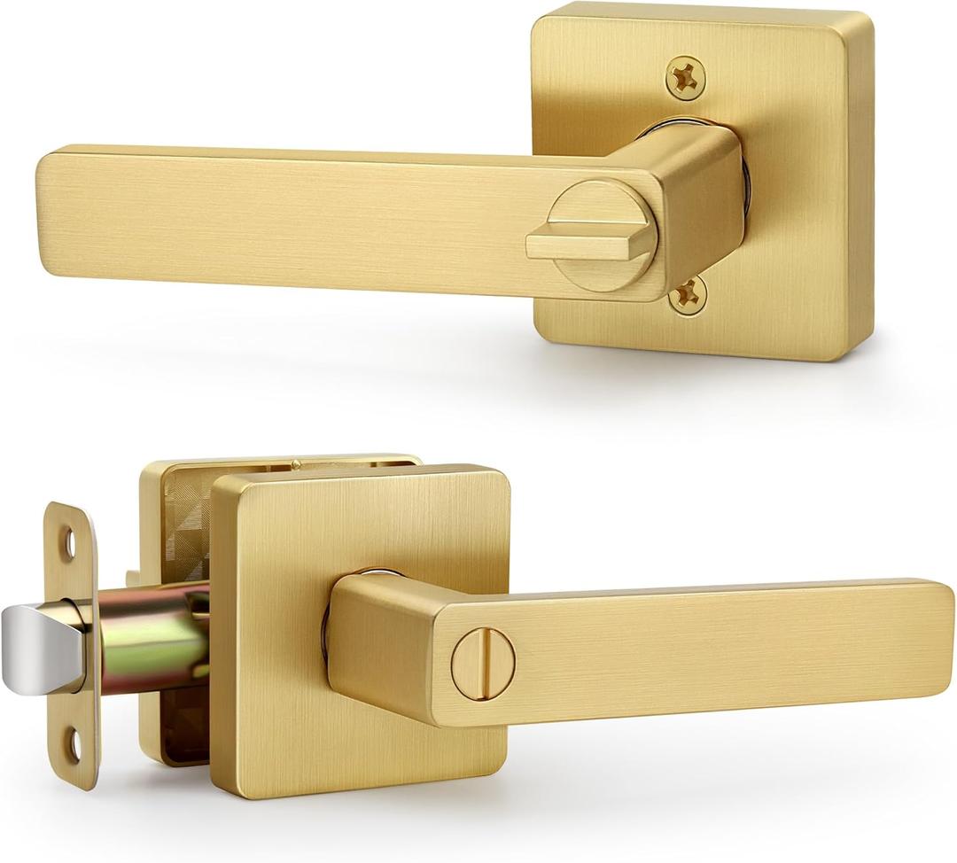 Square Keyless Privacy Door Lever, Brushed Gold Door Handles, Heavy Duty Gold Door Lever with Privacy Lock Reversible Door Handle for Right/Left Handed Bedroom Bathroom Doors (1 Pack, Satin Brass)