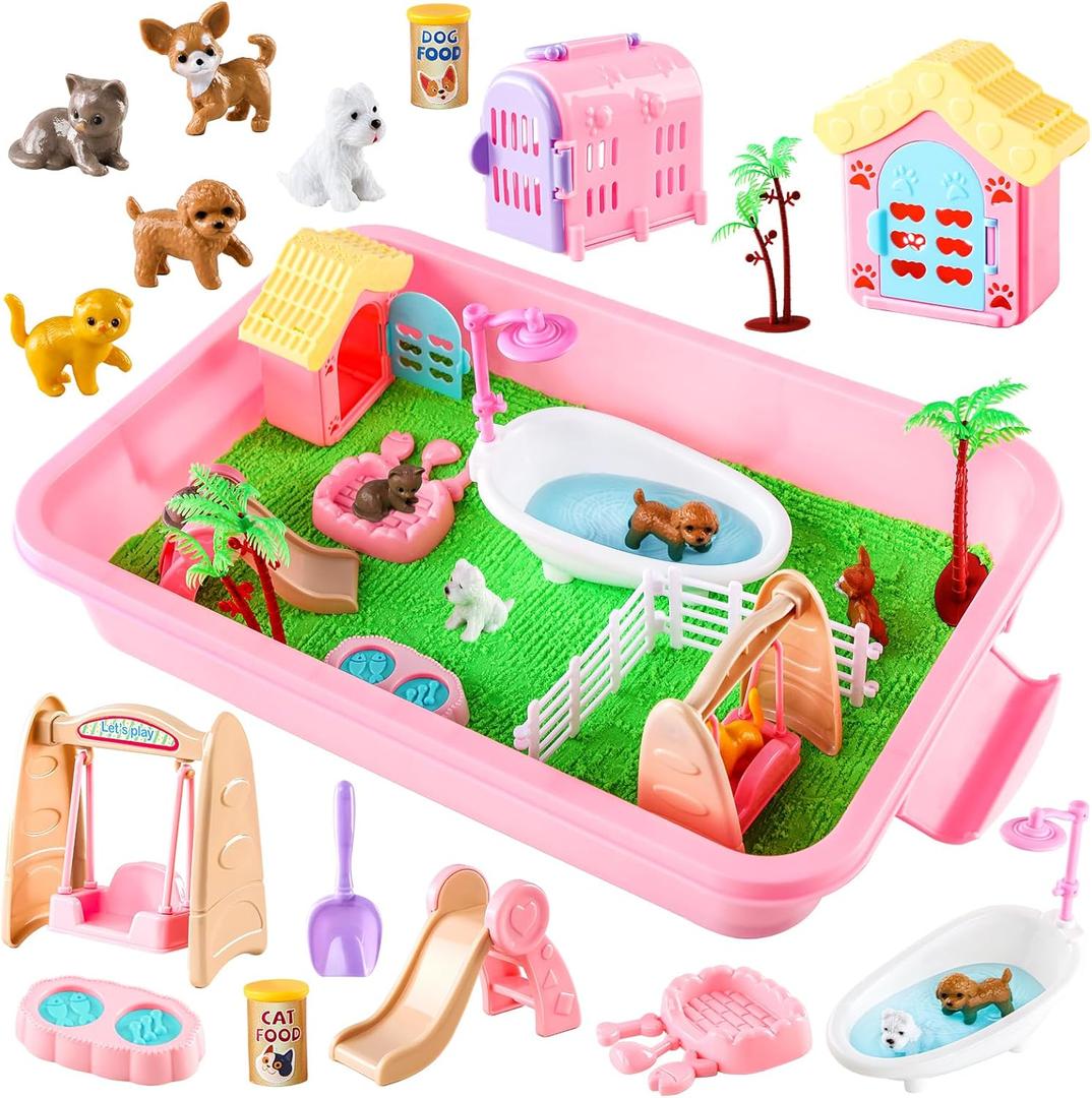 Aprilwolf 21 PCS Pet Sensory Bin, Dog & Cat Sandbox with Sand & Box, Play Sand Art Toys Kit, Pet Care Play Set, Beach Toys for Kids Ages 4-8, Birthday Gift Girls Boys 3 4 5 6 7 Years Old