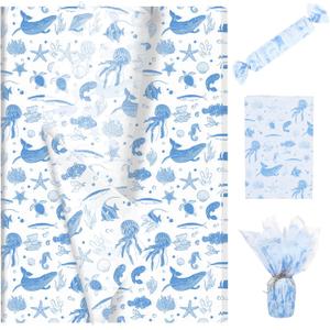 100 Sheets Ocean Tissue Paper with Blue Sea Animals  Whale Jellyfish Turtle Coral Pattern Gift Wrapping Tissue for Birthday, Baby Shower, Party Decorations, Crafts & Packaging - 20"  14"