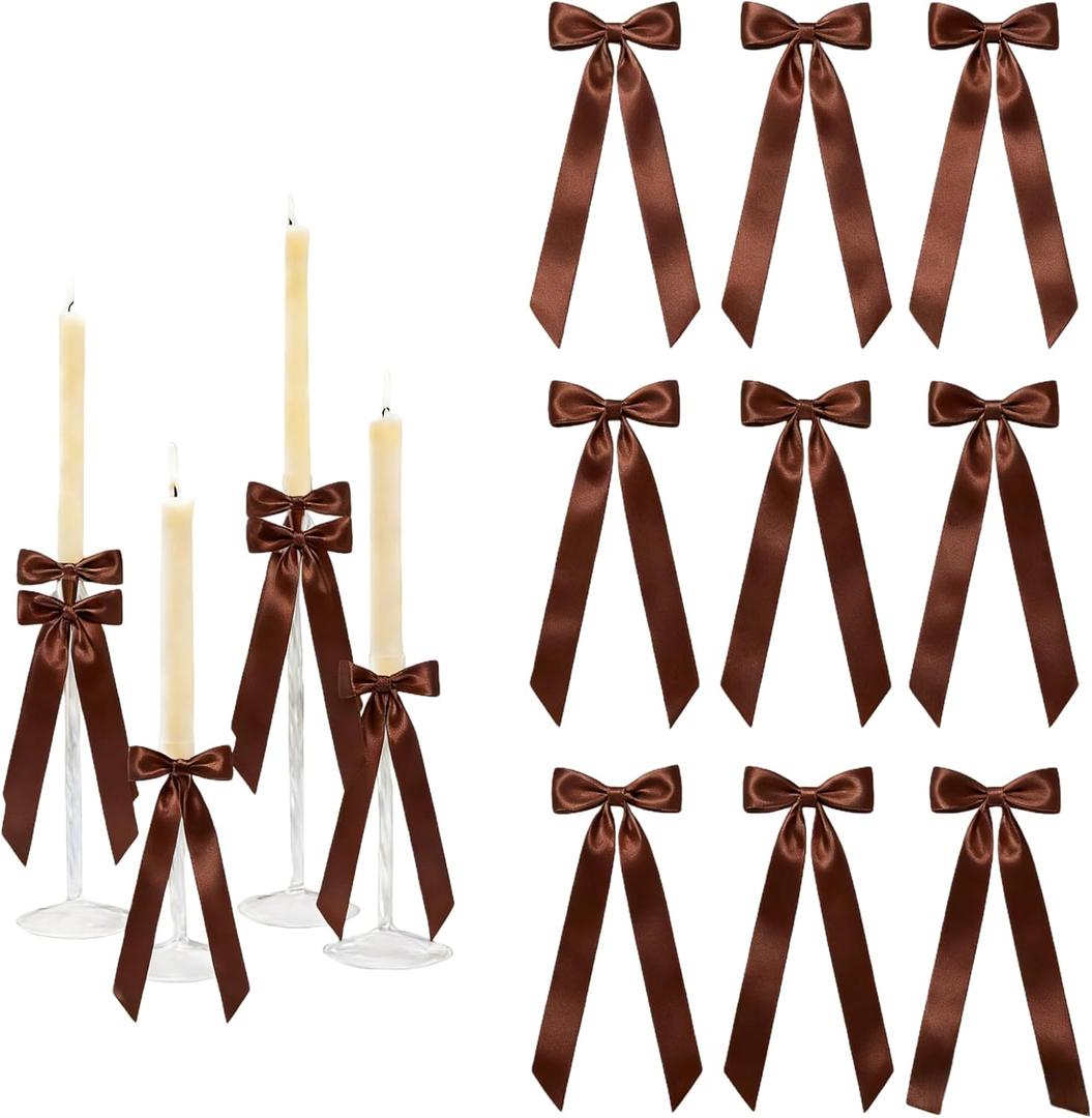 Meseey 12 Pcs 13.5 Inch Giant Brown Satin Ribbon Bow Self-Adhesive Pre-Made Bows for Christmas, Wedding, Baby Shower, Party Decor, Table Centerpieces, Candle Holders & Gift Wrapping