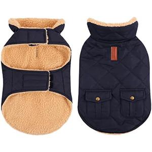 Queenmore Warm Puffer Dog Coat, Quilting Winter Jacket Ultra Thick Plush Lining with Storage Pockets (Dark Navy, Large)