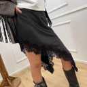 Women Y2k Fairy Asymmetrical Hem Lace Trim Midi Skirt Coquette Flowy A Line Half Slip Skirt Silky Satin Underskirt (Black, M)