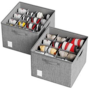 DIMJ Shoe Organizer for Closet - Adjustable Shoe Storage Organizer W/Clear Cover, Linen-like Shoe Storage Box Bins Cube, Foldable Shoes Holder w/Reinforced Handles Beige 2 Pack Fit up to 32 Pairs
