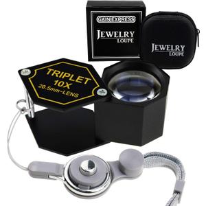 Gain Express 10x Magnification Jewelery Loupe, 20.5mm Triplet Lens Achromatic Optical Glass Metal (Aluminum) Body Black Frame Hexagonal Design Kit Set Jewelry Pocket Magnifying Tool