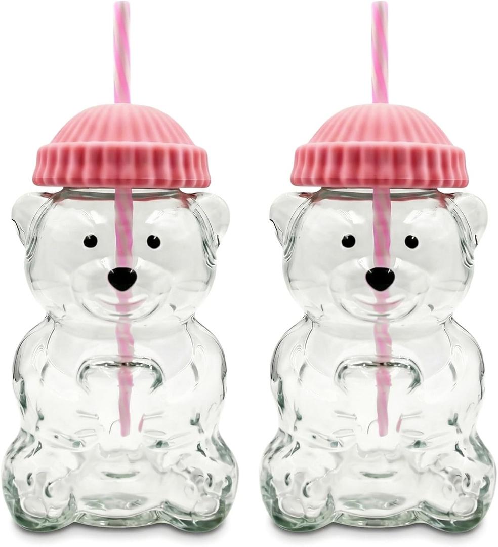 2 glasses Bear Cup Bear Straw Cup, Cute Bears Glass Cup with Straw, 500ml Reusable Glass Tumbler with Lid for Iced Coffee, Milk Tea, and Cocktails, Dishwasher Safe (pink(2 glasses))