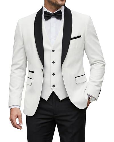 YND Men's 3 Piece Tuxedo Set with Bow Tie, Slim Fit One Button Shawl Lapel Suit Blazer Vest Pants, for Wedding Prom Dinners, Black Collar White, X-Small