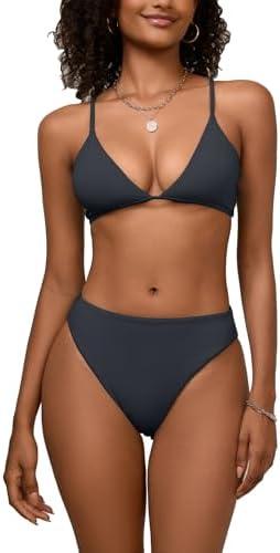 Wizbran Women's High Waisted Bikini Sets Sexy V Neck Push Up Triangle Swimsuits 2 Piece High Cut Bathing Suits, Black, Size Medium