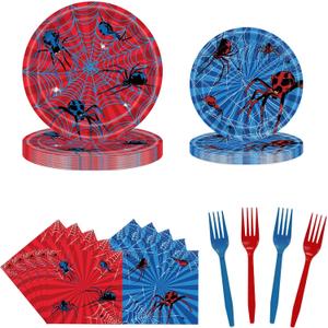96PCS Spider Party Supplies for 24 Guests, Red & Blue Spider Web Paper Plates, Napkins and Forks, Disposable Birthday Tableware for Spider Theme, Halloween Party Decorations (Blue & Red)