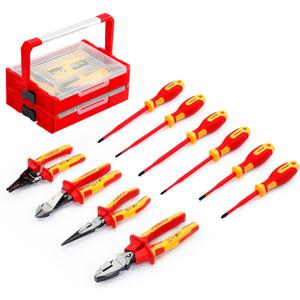 10 PCS Insulated Screwdriver and Pliers Set, 1000V Insulated Electrician Tool Set with 6 Phillips & Slotted Screwdrivers, 4 Insulated Pliers and 2 Stackable Tool Box