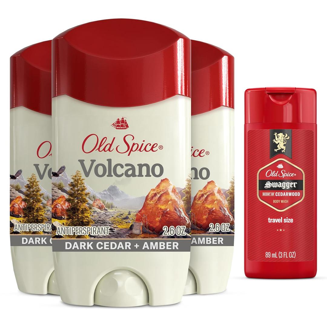 Old Spice Men's Antiperspirant & Deodorant Volcano with Charcoal, 2.6oz (Pack of 3) with Travel-Size Swagger Body Wash