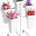 Asee'm Flower Display Stand with 5 Square Buckets Multi-tiered Metal White Flower Cart Stand with Wheels Moving Plant Stand Bar Shelf Flower Holder for Indoor Outdoor Patio Garden Florist Wedding (12.6''L x 16.5''W x 31.5''H)