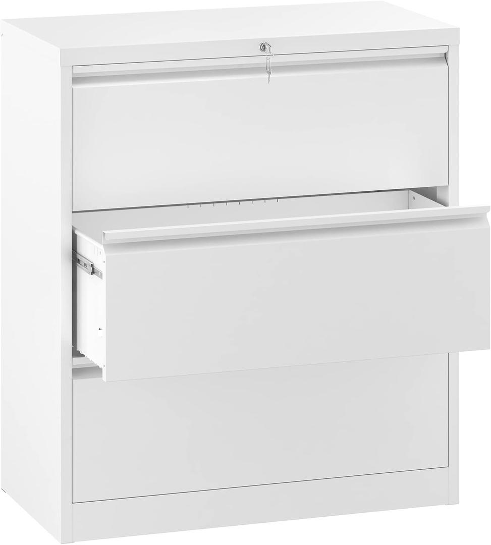 YITAHOME 3 Drawer Lateral File Cabinet with Lock, Metal Stainless Steel Wide Lateral Filing Cabinet for Legal/Letter A4 Size, Office Organizer Storage Cabinet,White