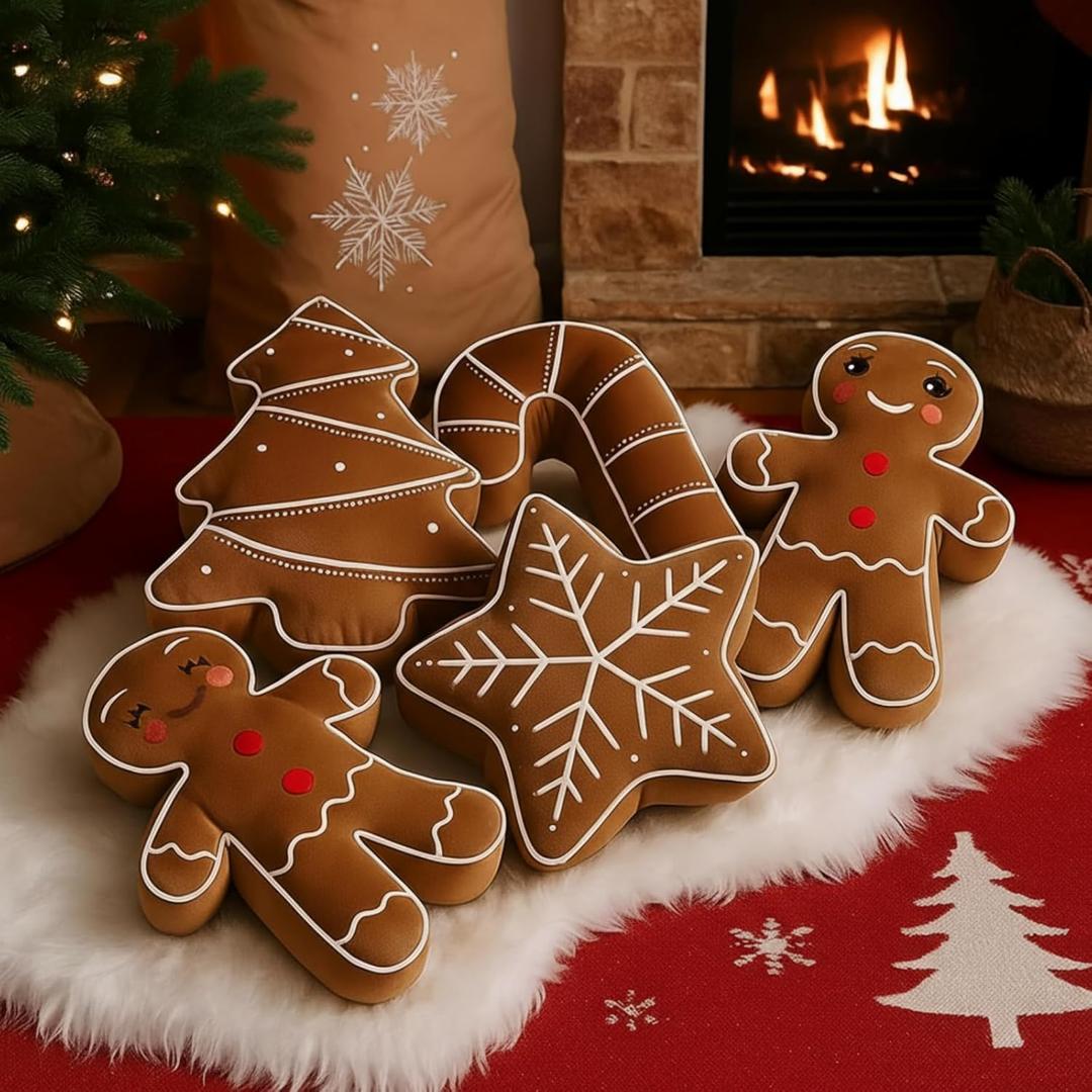 Beeveer 5 Pcs Brown Christmas Throw Pillows Gingerbread Christmas Tree Snowflake Peppermint Shaped Pillows Stuffed Decoration for Home Xmas Winter Holiday Bed Sofa Couch Party
