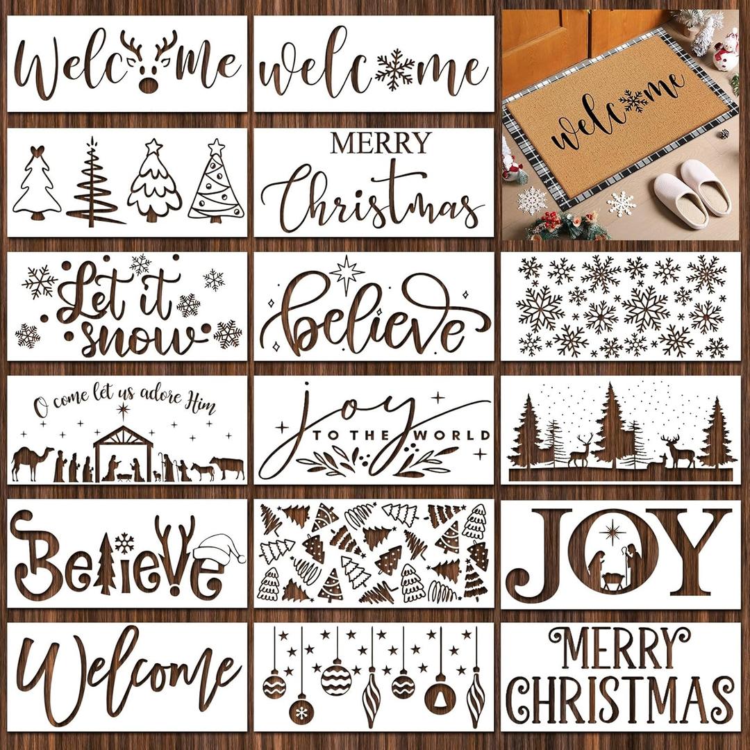Dunzy 16 Pcs Christmas Stencils for Door Mats Crafts Reusable Merry Christmas Welcome Templates Large Stencil for Painting on Wood Sign Wall Doormat DIY Project