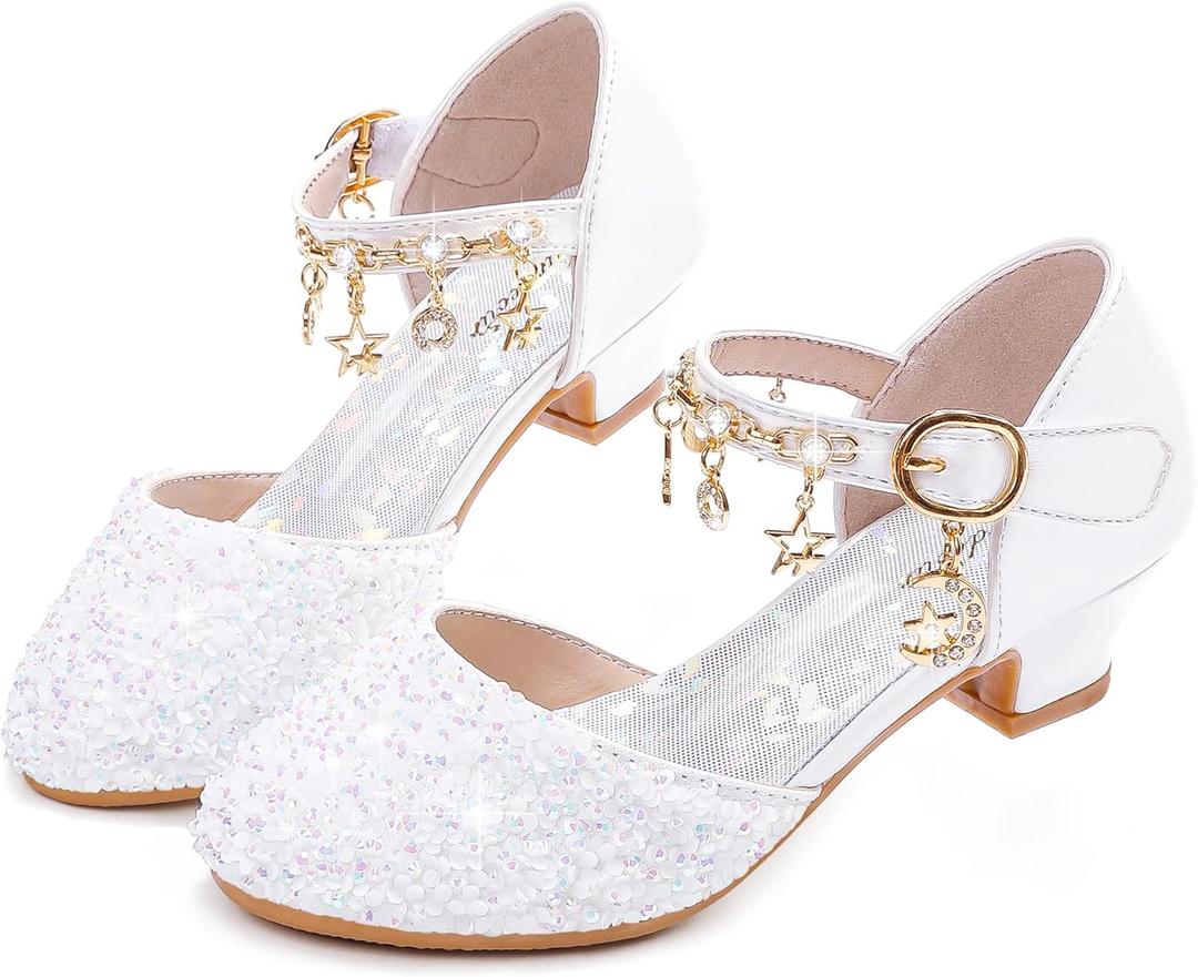 Furdeour Girls Dress Shoes Princess Crystal High Heels Closed Toe Party Wedding Flower Girls Shoes Toddler Little Big Kid (Whitesequins)