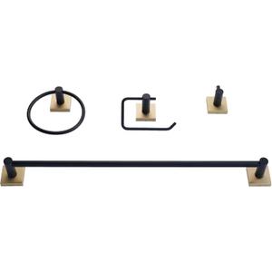SENTO VINTO Bathroom Accessories Set, Heavy Duty Metal Bath Hardware Set Wall Mounted, Includes Robe Hook, Standard Toilet Paper Holder, Towel Ring, 24” Towel Bar (4-Piece, Matte Black+Satin Brass)