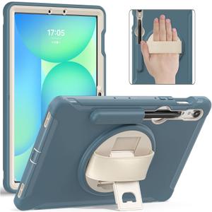 Junfire Protective Case for Galaxy Tab S10 FE 2025/S9 FE 5G with Stylus Holder, Samsung Tab S9/S8/S7 11-inch Shockproof Cover with 360Rotating Kickstand/Hand Strap-Blue