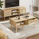 ZttRiee Coffee Table with Storage, Boho Dining Table with Rattan Drawer and Solid Wood Legs, Small Coffee Tables for Living Room, Oak, 39.4 inches x 19.7 inches x 16.5 inches