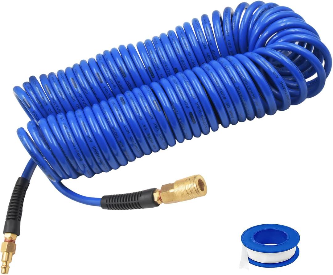 SAFELIFE 50 ft Polyurethane Recoil Air Hose1/4" Inner Diameter, Retractable Air Compressor Hose with Bend Restrictor, 1/4" Industrial Universal Quick Coupler and Plug