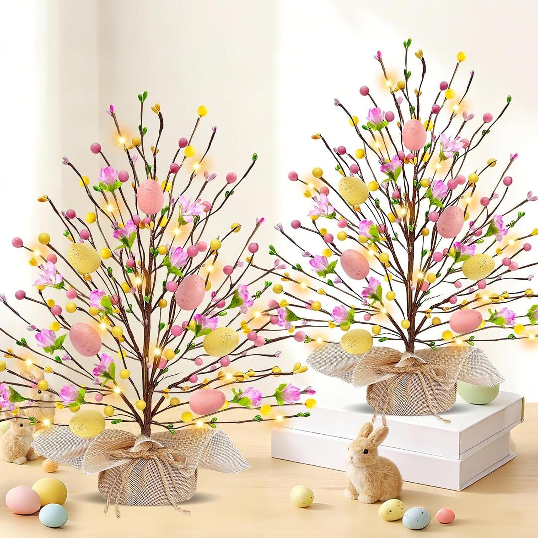 2 Pack & Timer - Easter Decorations, 18 Inch Lighted Easter Tree Tabletop with 20 LED Warm White Lights Pastel Eggs Floral Berries Battery Operated Easter Egg Tree Home Indoor Table Party Spring Decor