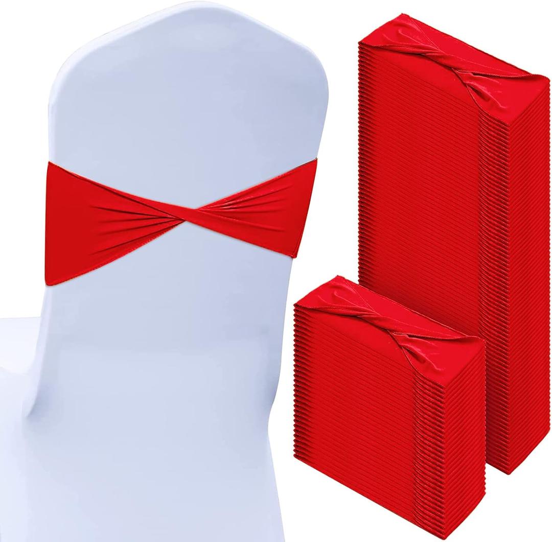 Kinlop 150 Pcs Spandex Chair Sashes Bows Stretch Chair Cover Bands Elastic Ties Bands Slider Sashes Without Buckle Decorations for Wedding Party Events Ceremony Birthday(Red)