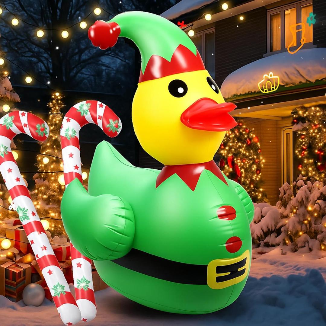 Lenwen 4ft Christmas Inflatable Duck Outdoor Decoration, Blow up Rubber Duck with Giant Candy Cane Inflatable Pool Float Golf Cart Decor for Xmas Holiday Yard Lawn Party Favor