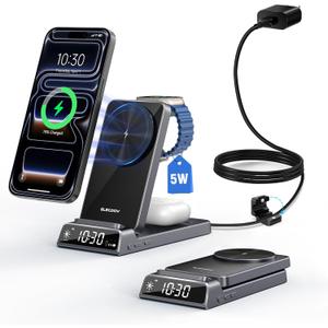 Wireless Charger for Apple, Magnetic 3 in 1 Charging Station with Clock, Foldable Travel Wireless Charging Stand for iPhone 17/17 Pro/17 Pro Max/16, Watch Charger for iWatch 10/Ultra/AirPods 4 (Grey)