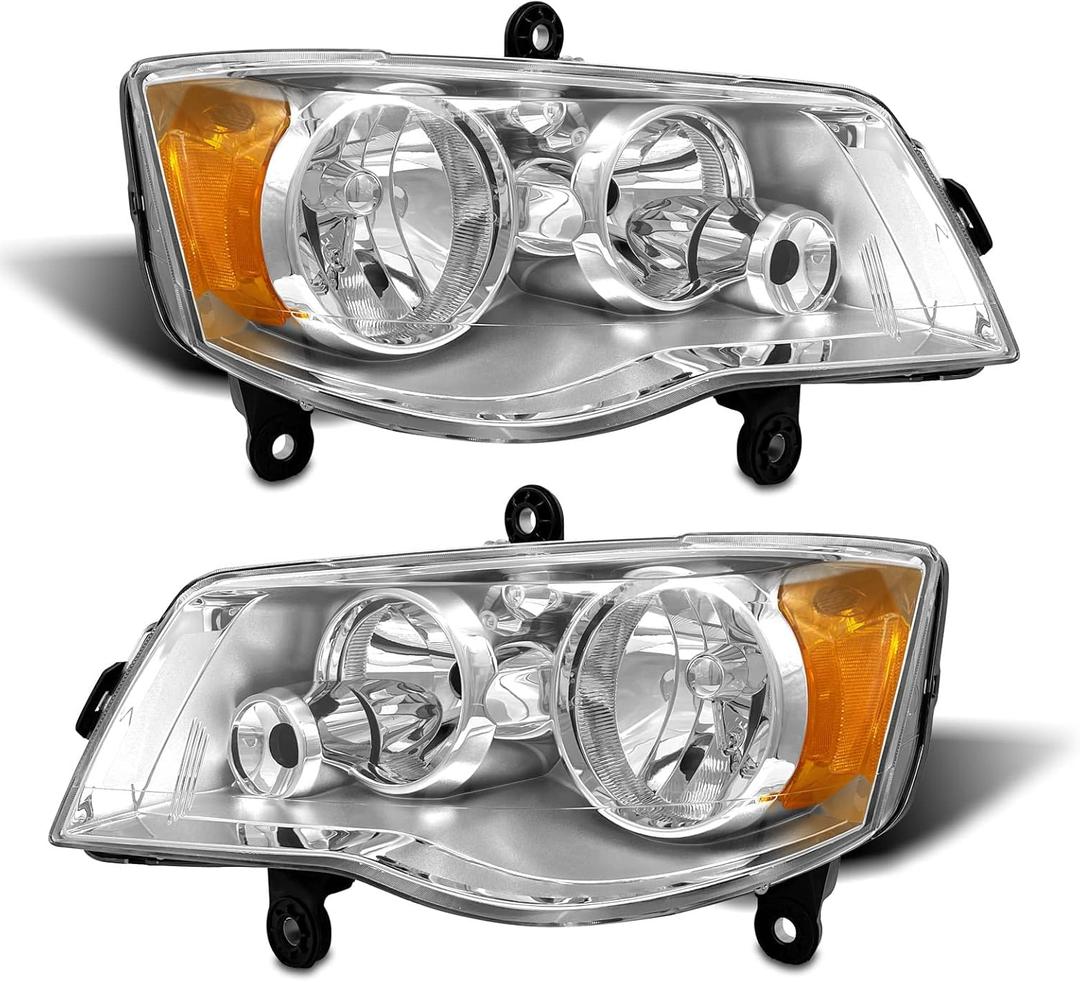Compatible with 2011 2012 2013 2014 2015 2016 2018 2019 2020 Dodge Grand Caravan 08-16 Chrysler Town & Country Factory Style Headlights Chrome Housing Amber Reflector Driver and Passenger (OE Replacement, A-Chrome Housing / Amber Reflector / Clear Lens)