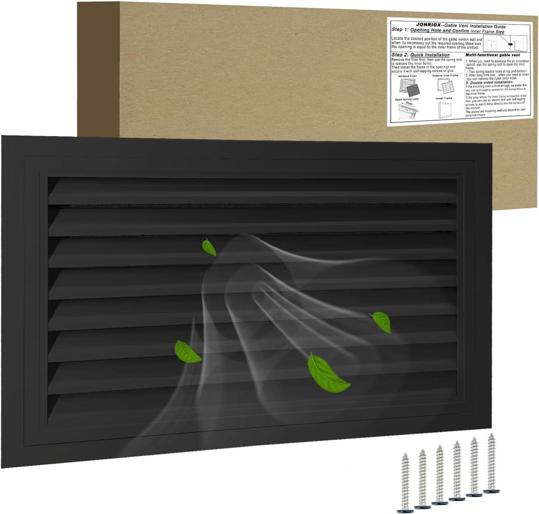 24"*16" Gable Vent,Aluminum Alloy Wall Vent Shed Vents,with Removable Strainer and 180 Degree Opening Angle.Ideal for Attic,Shed,Garage,Play House,Coop.[Inside Dimensions:22"w X 14"h]-Black 1 Pack