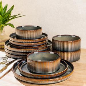TheTerra Ceramic Dinnerware Sets for 4, 12 Pieces Porcelain Lightweight Speckled Plates and Bowls Sets, Scratch Resistant Dish Set, Oven & Microwave & Dishwasher Safe, Coca Mocha