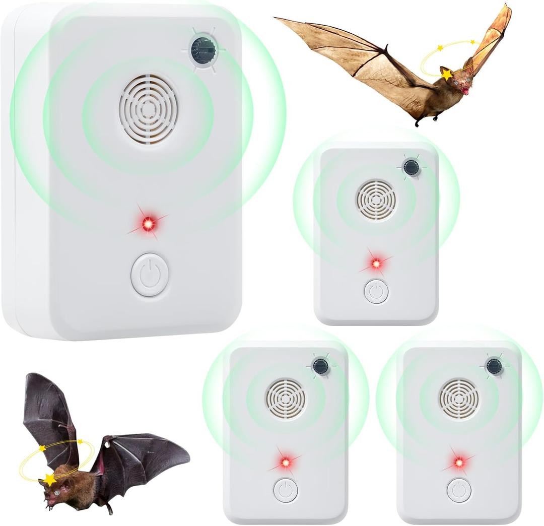 Ultrasonic Bat Repellent for Attic Garage House Indoor & Outdoor,Humane & Effective Plug in Bat Repeller Bats Removal Deterrent Devices, Get Rid of Bats Keep Away Home Farm, Pack of 4, White