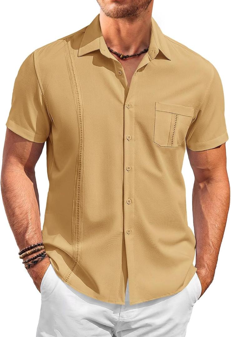 Runcati Mens Cuban Guayabera Shirts Button Down Short Sleeve Shirt Casual Mexican Summer Beach Wedding Tops with Pocket (Size XL, Mustard Yellow)
