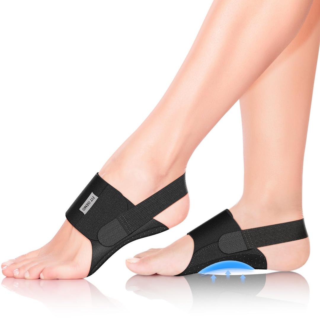 Fit Geno Arch Support Braces for Plantar Fasciitis Relief - Adjustable Compression Bands with Gel Pads, Non-Slip Design for Flat Feet, High & Fallen Arches (Black)