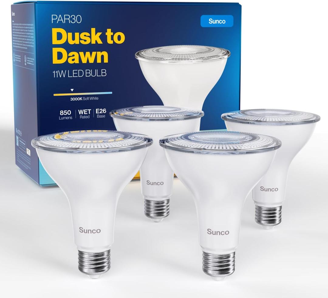 Sunco 4 Pack PAR30 LED Dusk to Dawn Light Bulbs, 850 Lumens, 11W, 3000K Soft White, Non-Dimmable, E26, Wet Rated Outdoor Flood Light Bulb with Photocell Sensor, for Porch, Patio, Backyard, UL