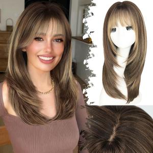 Wig with Bangs for Women Brown Blonde Highlight Straight Face-Framing Layers Hairstyle 4x4 Realistic Scalp Glueless Synthetic Wigs Medium Length for Everyday Use