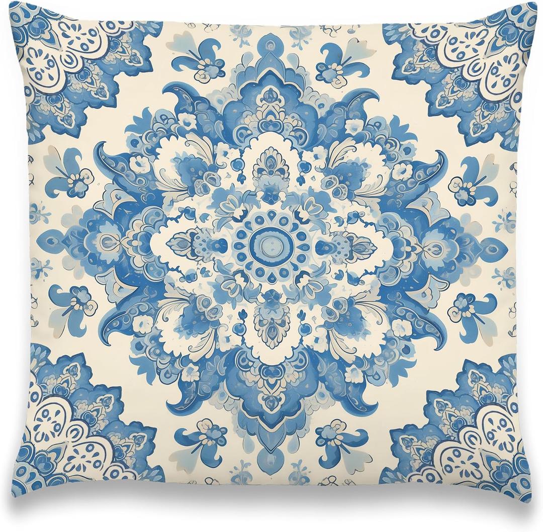 Blue and White Chinoiserie Decorative Throw Pillow Covers, Oriental Porcelain Mandala Floral Pattern Pillow Cases, Vintage French Country Coastal Decor for Sofa Living Room Bedroom 18x18in