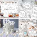 Winter Onederland 1st Birthday Decoration,Snowflake Party Decoration Include Plate,Napkin,Tablecloth,Banner,Balloon Arch First Birthday Decorations for Winter Wonderland PartySilver