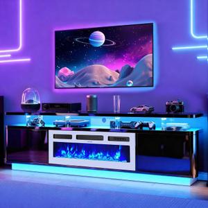 MXV 80" Fireplace TV Stand for TVs UP to 90", Entertainment Center with 36" Fireplace & Double LED Lights, TV Console with Storage Cabinets for Living Room, Home Office, Black & White