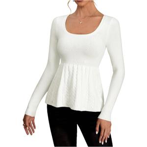 Women's Scoop Neck Peplum Sweater Long Sleeve Cable Knit Dressy Casual Pullover Tops (White, M)