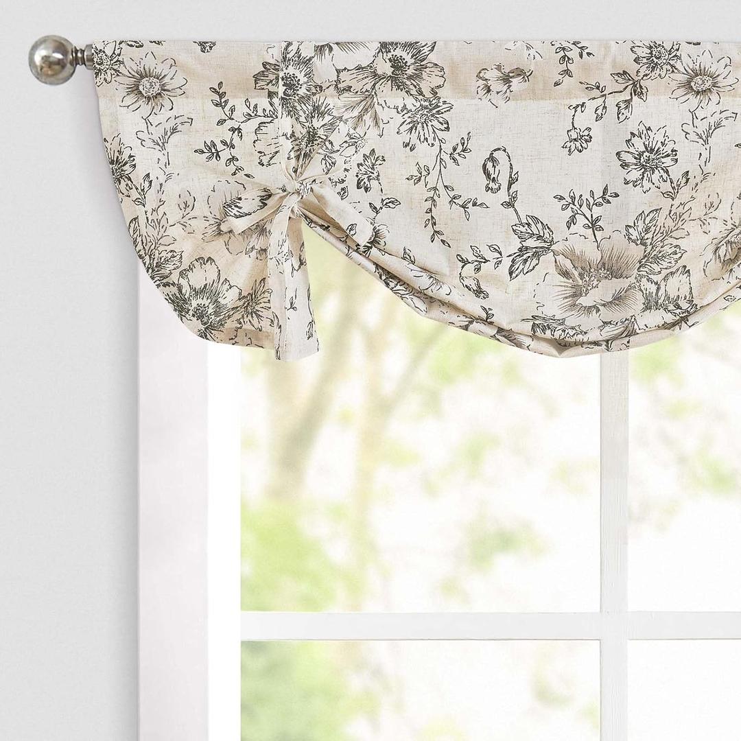 jinchan Tie Up Valance Curtain Floral Linen for Windows Farmhouse Valance 36 Inch Peonies Botanical Short Window Treatment Adjustable Length for Kitchen Living Room Light Filtering 1 Panel Black