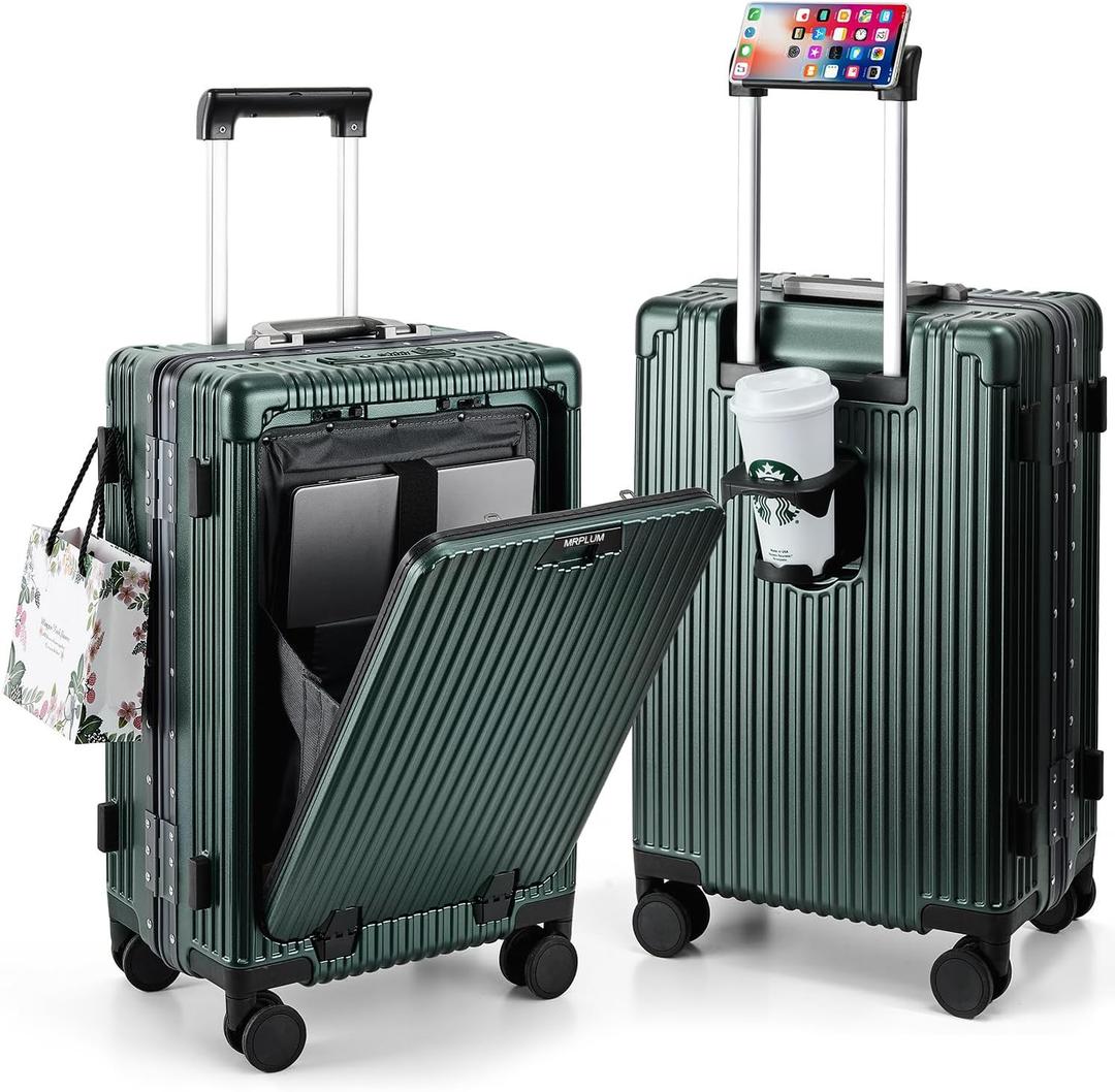 MRPLUM Front Pocket Carry On Luggage,PC Hardside Spinner Wheel Suitcase with TSA Lock,Cup Holder,Phone Holder&USB Charging Port,Dark Green(1 Piece)