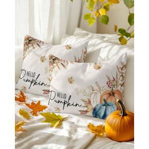 Fall Thanksgiving Pumpkin Throw Pillow Covers 12x20 Set of 2,Maple Leaf Decorative Pillow Covers, Retro Linen Cushion Case for Sofa Couch Patio Garden Bedroom