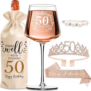 50th Birthday Gifts for Women Her - Elegant Decorations with Vintage Wine Glasses, Wine Bag, Birthday Sash, Crown,Rhinestone Birthday Tiara, Perfect for Women,Mom,Wife,Coworker,Best Friend,Sister