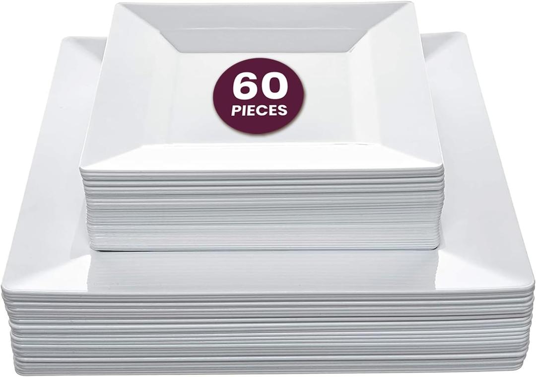 Aya's 60ct White Square Disposable Plates - Heavy Duty Plastic Party Plates for Christmas, Thanksgiving (30 Dinner & 30 Salad)