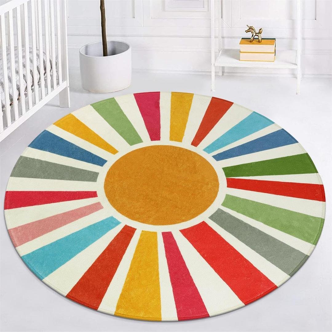 STARUIA Boho Washable Rug 5 Ft Round Area Rug for Bedroom, Rainbow Circle Kids Rugs for Office, Non-Slip Circular Carpet Soft Sunshine Rugs for Dorm Nursery Sofa Living Room Corner (Colorful)