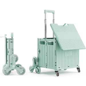 Foldable Shopping Cart with Stair Climbing Wheels, Collapsible Utility Crate on Wheels with Telescoping Handle, Portable Rolling Grocery Trolley for Groceries, Books, Tools, Teachers(Green, 8 Wheels)