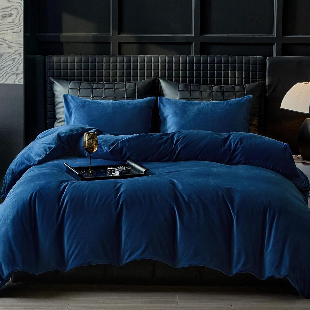 WARMDERN Navy Blue Flannel Velvet Duvet Cover Queen Size Duvet Cover Bedding Sets, 3pcs Ultra Soft Luxury Textured Modern Crystal Velvet Duvet Covers with Zipper Closure(Navy Blue, Queen)